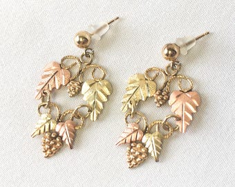 Vintage 10K CCO Black Hills Gold Leaf Dangle Stud Earrings, 1&quot;, Vintage Black Hills Gold Jewelry