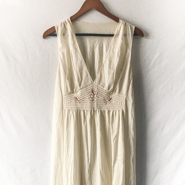 Vintage Sears Cream/Off-White Peignoir Slip Dress with Brown Floral Embroidery, Sz. L 38-40