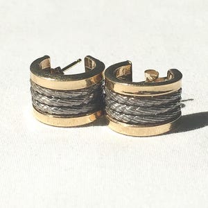 Vintage 14K Yellow Gold 925 Ribbed Textured Hoop Earrings, Simple Everyday Mixed Metal Earrings