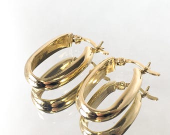 14K 585 Yellow Gold Square Oval Smooth Hollow Hoop Earrings, 2 Grams Total, .75&quot;, 4mm Width, Lightweight Simple Everyday Hoop Earrings