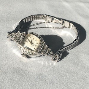 Speidel 10K 1/20 Gold Filled Diamond & Glass Stone Bezel Stainless Steel Watch, 7&quot;, Not in Working Condition, Art Deco Cocktail Watch