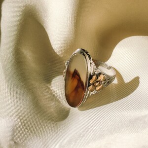 Agate Ring, Art Nouveau Sterling Silver and 10K Gold Filled Agate 