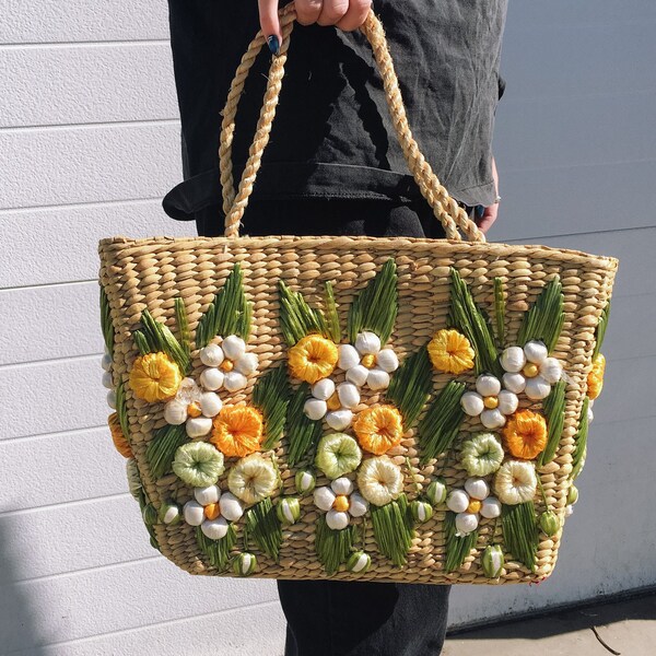 Vintage 60s Bags by Patricia Yellow and White Floral Woven Wicker Bag, 60s Coquette Wicker Tote Bag