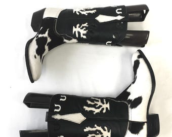 RARE Vintage Larry Mahan Black/Off-White Pony Horse Hair Cow Print Horseshoe Cactus Leather Cowboy Boots Womens Sz 7B Unique Statement Boots