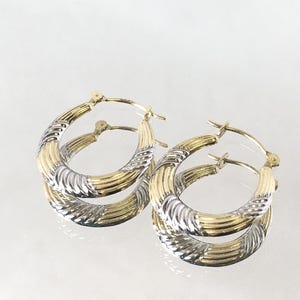 14K Two Tone Gold Textured Hollow Hoop Earrings, .75&quot;, 1.2 Grams Total, Simple Dainty Everyday Hoop Earrings