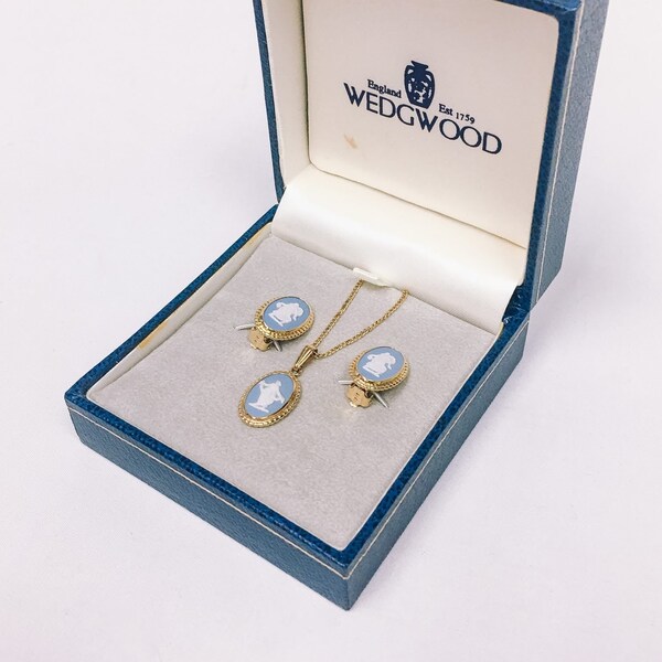 Vintage Wedgwood Blue Cameo Clip Earrings and Blue Cameo Necklace Set, Made in England