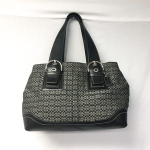 Y2K Coach Black/Gray Signature C Monogram Canvas Leather Shoulder Tote Bag, Style #F10928, 00s Vintage Coach Tote