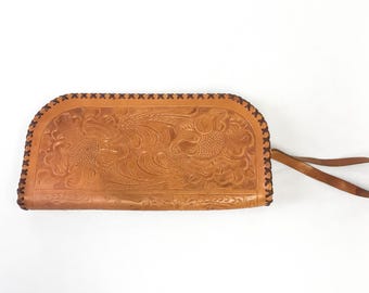 70s Handmade Large Floral Tooled Leather Wristlet Clutch Wallet, Unique Boho Western Handbag