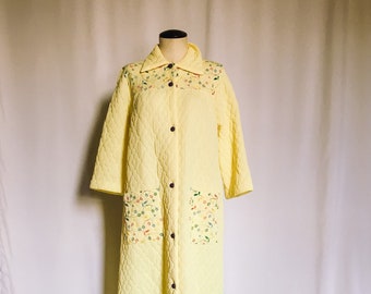 60s/70s Yellow Quilted Maxi Dress With Floral Embroidered Details, Sz. 12