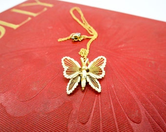 Vintage MONET Metal Painted Butterfly on a 14k Gold Italy Chain, Dainty Cottagecore