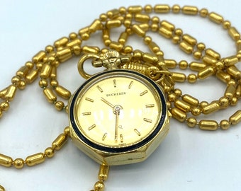 Vintage BUCHERER Watch Pendant with Floral Design on Back, Vintage Watch Necklace, Vintage Gold Tone