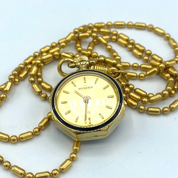Vintage BUCHERER Watch Pendant with Floral Design on Back, Vintage Watch Necklace, Vintage Gold Tone