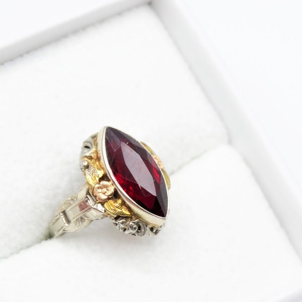 1800s Vintage 14K White Gold RUBY Ring, Genuine Vintage Red Ruby Marquise Cut Ring, Statement Rings, Ruby Ring Size 5, Victorian Ruby Rings