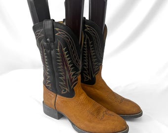 Vintage Tony Lama Roper Brown Black Fern Stitch Leather Cowboy Boots, Men's Sz. 8D, Unique Western Festival Boots