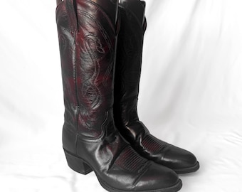 J. Chrisholm Black Cherry Red Leather Cowboy Boots, Men's Sz. 8.5D, Unisex Vintage Festival Cowboy Boots
