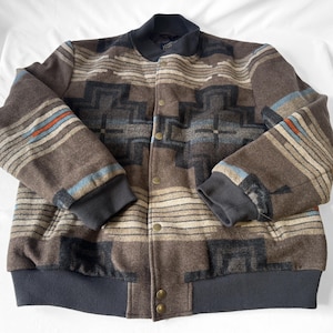 Vintage Style Pendleton Brown Gray/Blue Aztec Southwest Print Wool Western Bomber Jacket, Men's Sz. XXL