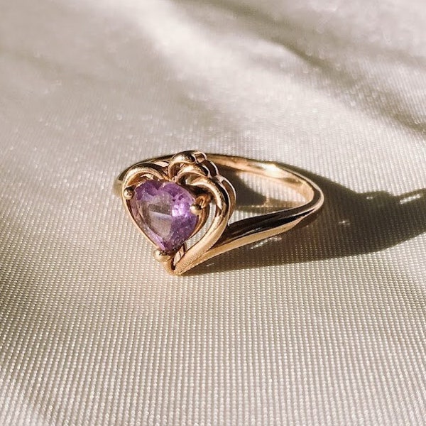 Vintage 1980's 10k Amethyst Heart Ring, Vintage Gold Engagement/Promise Ring, Size 6