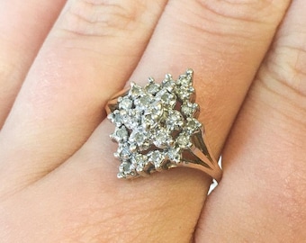 Vintage 14K Gold Diamond Cluster Ring, Sz. 7, Vintage Elegant Classy Art Deco Style Statement Diamond Engagement Ring