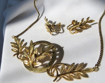 Vintage VAN DELL 12k Gold Filled Necklace and Earring Set, Leaf Motif