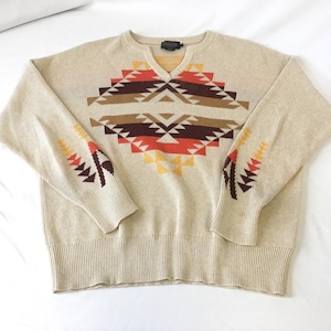 Vintage Inspired Pendleton Beige Southwest Patterned V-Neck Sweater, Women&#39;s Sz. M, Vintage Western Sweater