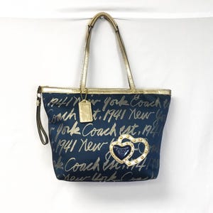 Y2K Coach Signature Script Navy/Metallic Gold Lurex Shoulder Tote Bag, Style F17097, Unique 00s Statement Handbag
