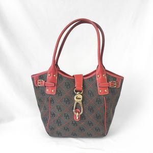 00s Dooney and Bourke Red Gray Monogram Logo LockTulip Canvas Leather Top Handle Satchel Shoulder Bag, Y2K Dooney Handbag