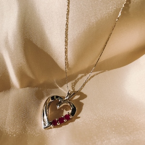 Vintage Inspired THL 10k White Gold Open Heart Pendant Necklace with Ruby and Diamond Chip, Simple Everyday Elegant Heart Necklace
