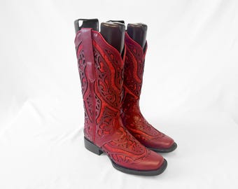 Vintage Style J.B. Dillon Reserve Red Leather Glitter Inlay Cowboy Boots, Women's Sz. 6.5B, Unique Statement Western Festival Cowgirl Boots