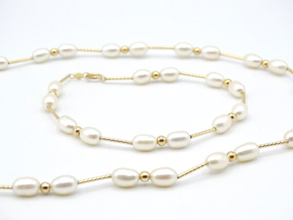 Dainty Vintage 14K Gold Tube Beaded Baroque Pearl… - image 1