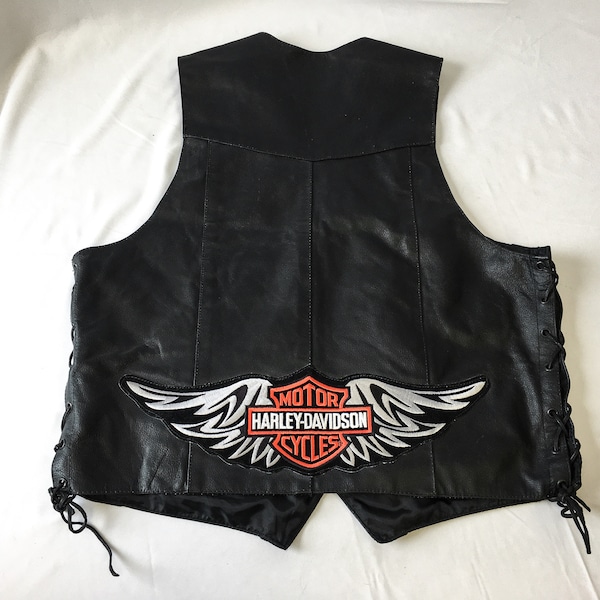 Vintage Genuine Leather Black Harley Davidson Vest, Sz. 48, Vintage Harley Moto Biker Vest