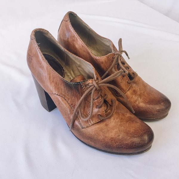 Vintage FRYE Brown Leather Carson Heel Oxfords, Women's Sz. 8.5M