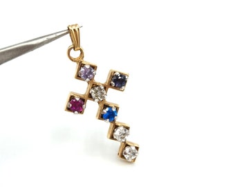 1.3in, Estate Vintage 14K Gold Multi-Stone Cross Pendant with Screw Setting, Sapphire, Amethyst