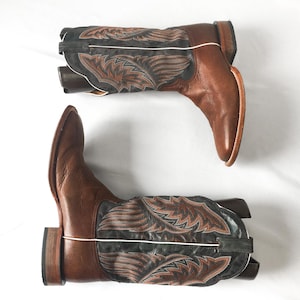 Vintage Inspired Tony Lama Brown/Gray Distressed Leather Embroidered Cowboy Boots, Style #1104, Men&#39;s Sz. 12D, Vintage Western Boots