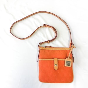 00s Dooney and Bourke Bright Orange Monogram Canvas Leather Crossbody Messenger Shoulder Bag, Vintage Dooney Handbag