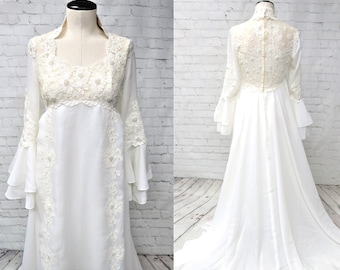 Vintage 1960s, EXCELLENT CONDITION, Neusteters, Lace/Sheer Wedding Dress,Boho Bell Sleeves,60s Boho Wedding Dress,60s Lace Dress,Ivory/Creme