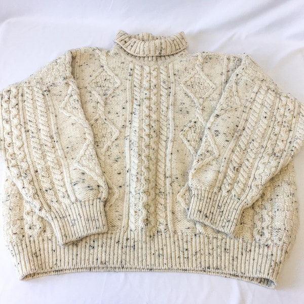 Vintage Callan Country Collection Cream/Off-White Chunky Knit Wool Turtleneck Sweater, Sz. XL, Made in Ireland