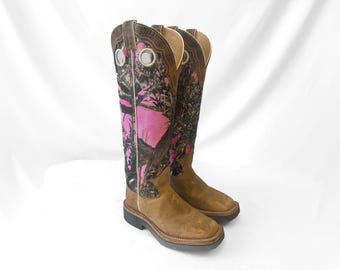 Justin Pink Rugged Camo Textile Leather Square Toe Tall Cowboy Boots, Women's Sz. 6B, Style L2116, Unique Campy Western Cowgirl Boots