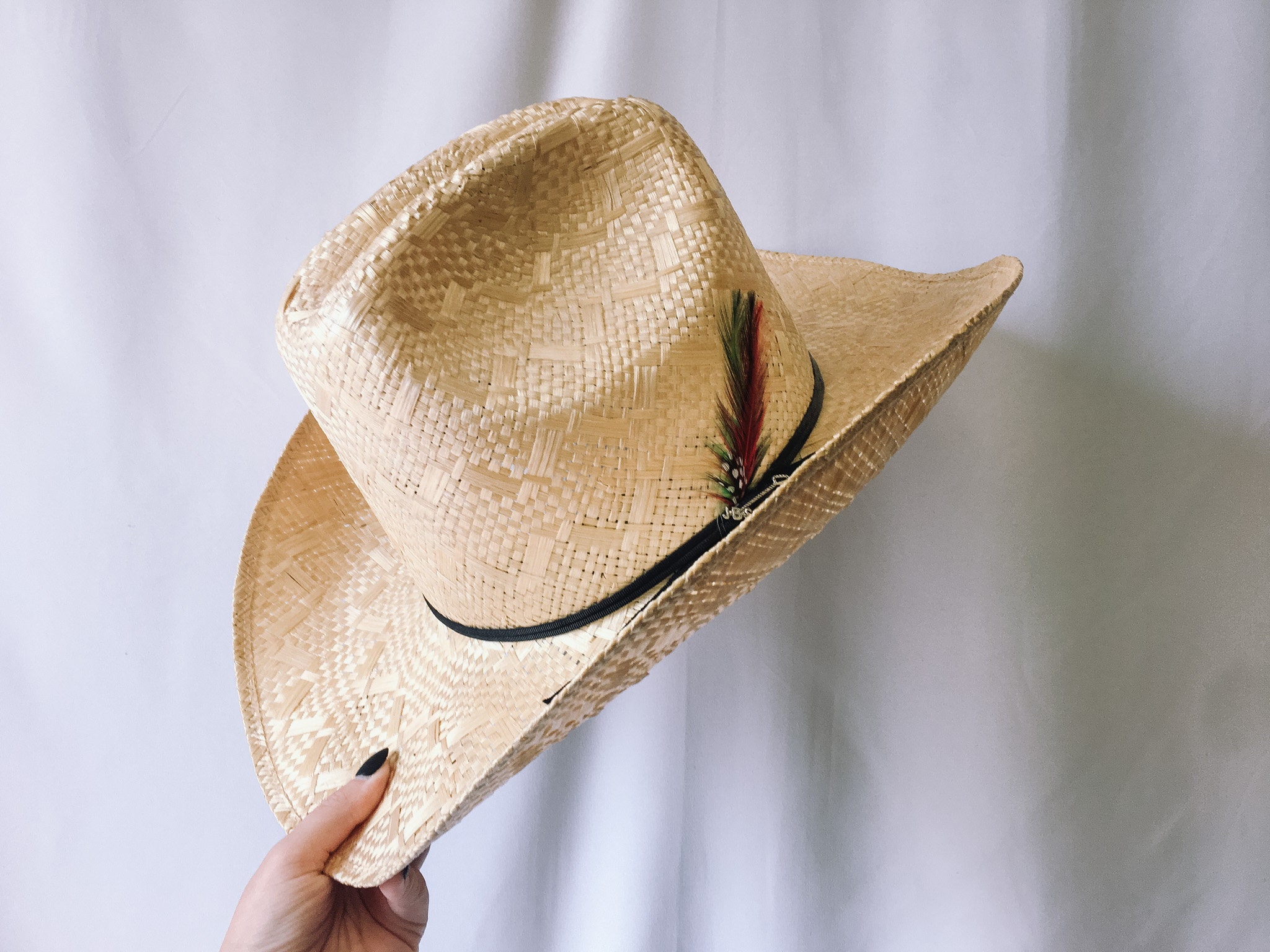 Vintage Stetson Roadrunner Straw Cowboy Hat With Feather  display picture 2