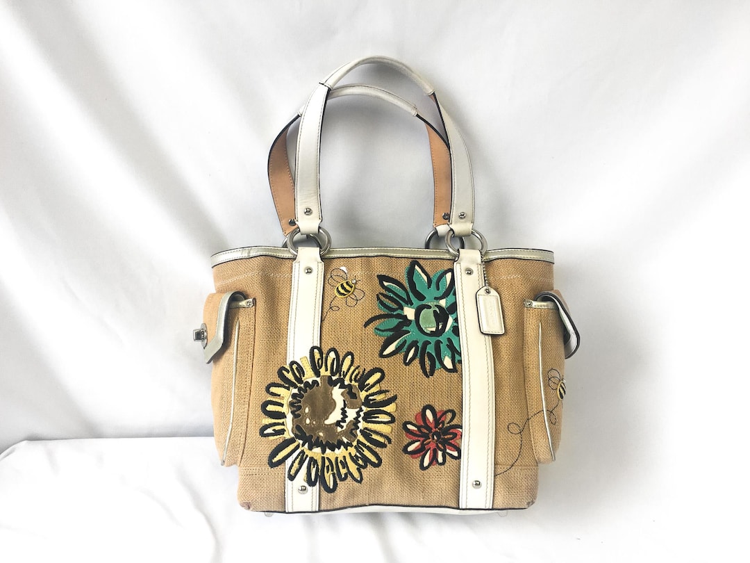 00s Coach Raffia Bumblebee Floral Shoulder Tote Bag, Style #9947 ...