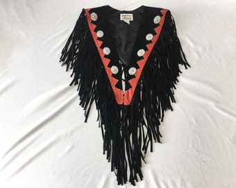 Vintage 90s Tillman Black and Red Suede Fringe Shawl with Silver Toned Concho Details, O/S