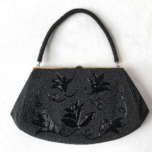 70s Black Floral Beaded Evening Bag Clutch, Vintage Cocktail Formal Handbag