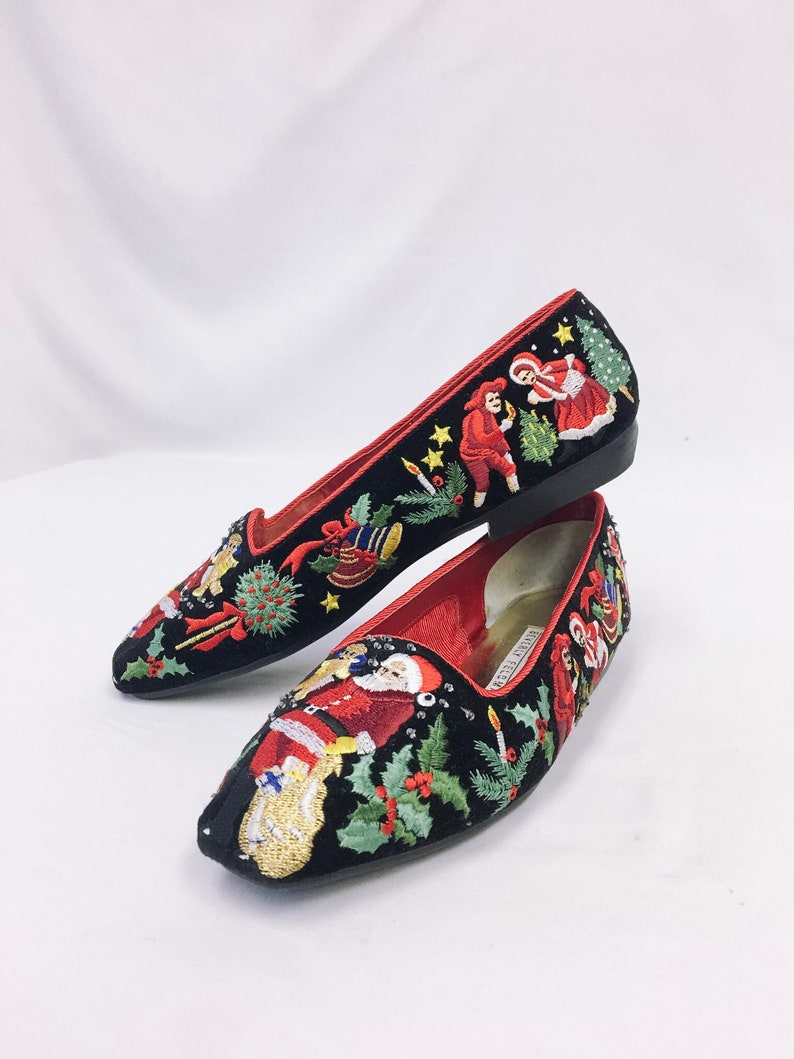 Vintage 1990s Frankie and Baby Beverly Feldman Christmas Embroidered Loafers, Sz. 6.5 image 1