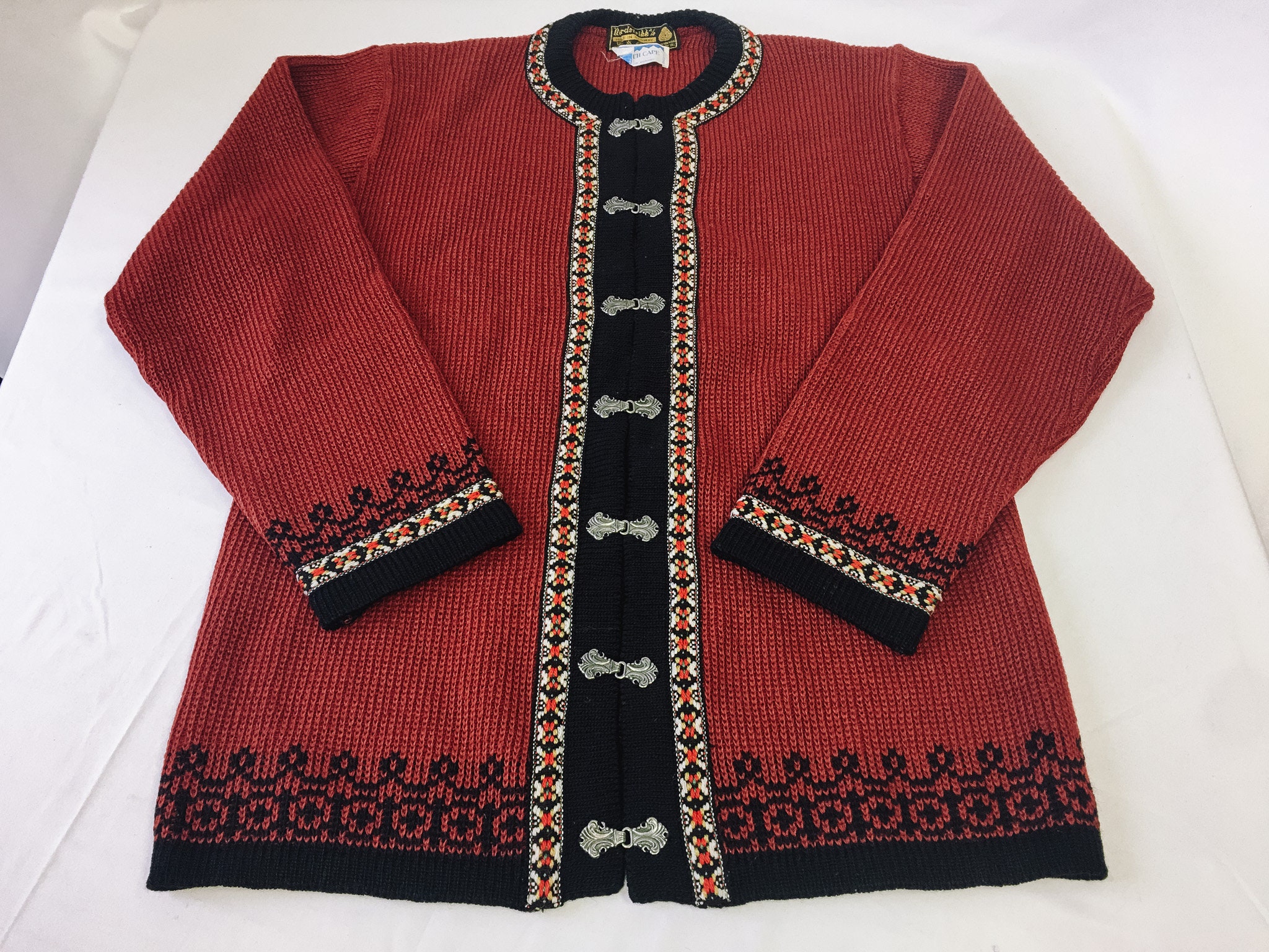 Vintage 90s Nordstrikk Red & Black Embroidered Wool Cardigan