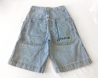 90s JNCO 2199 Boarder Neon Green/Blue Light Wash High Rise Denim Shorts, 26" Waist, Vintage Streetwear Jorts