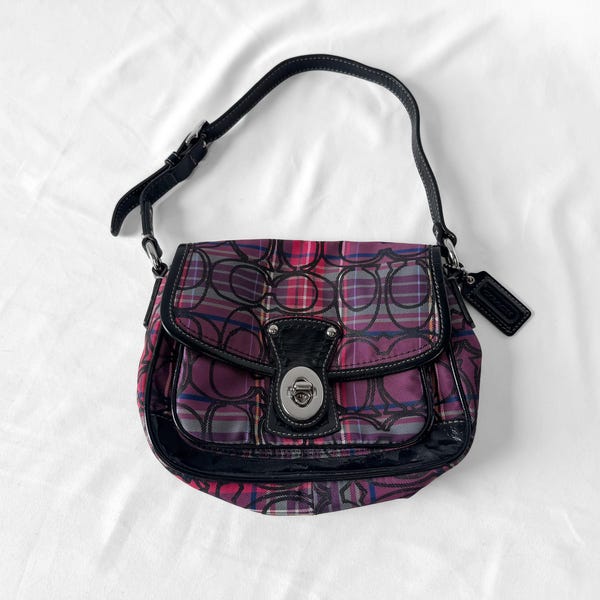 Y2K 00s Coach Tartan Poppy Penny Pink Glitter Monogram Small Turn Lock Shoulder Bag, Style 15477
