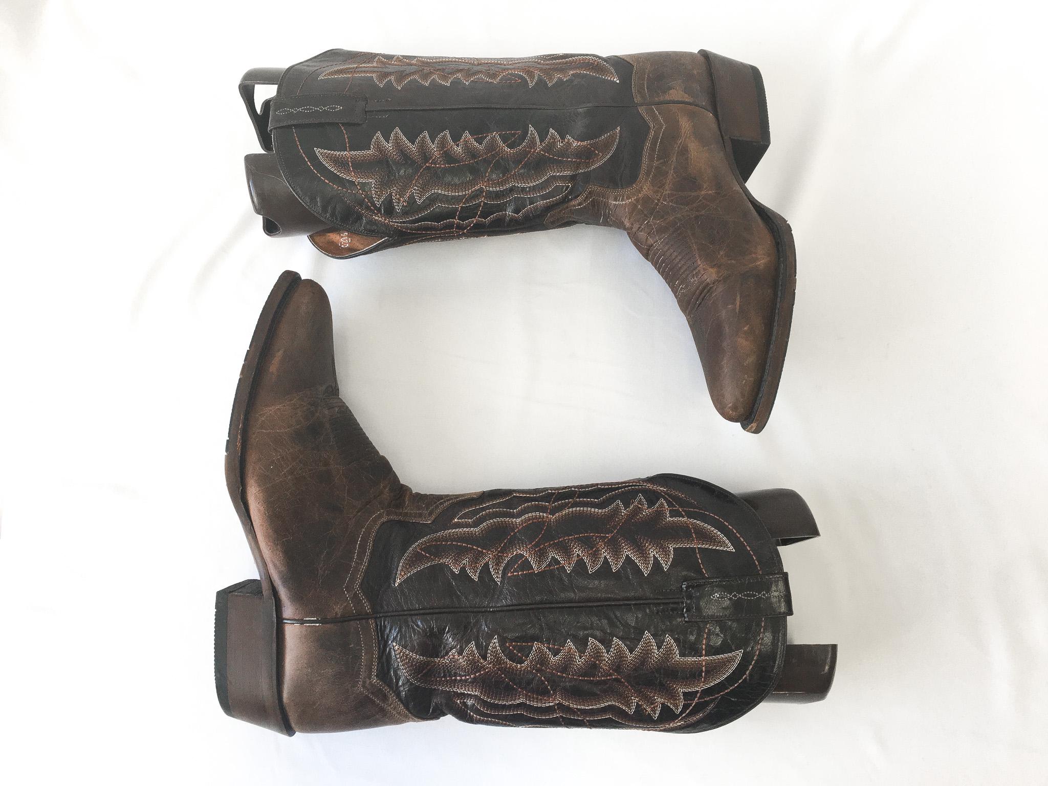 Vintage Dan Post Brown and Black Embroidered Leather Cowboy 