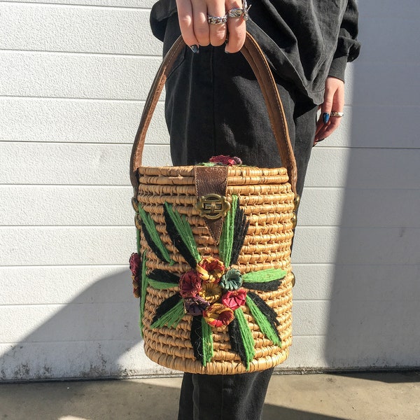 Vintage Handcrafted Floral Wicker Basket Bag, Coquette Wicker Picnic Basket