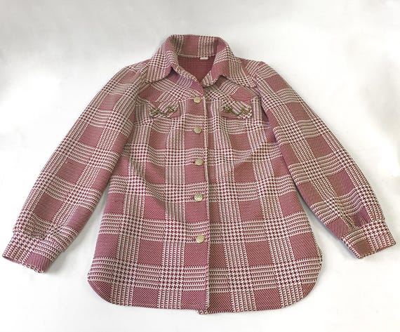70s Red/White Houndstooth Patterned Button Up Blo… - image 1