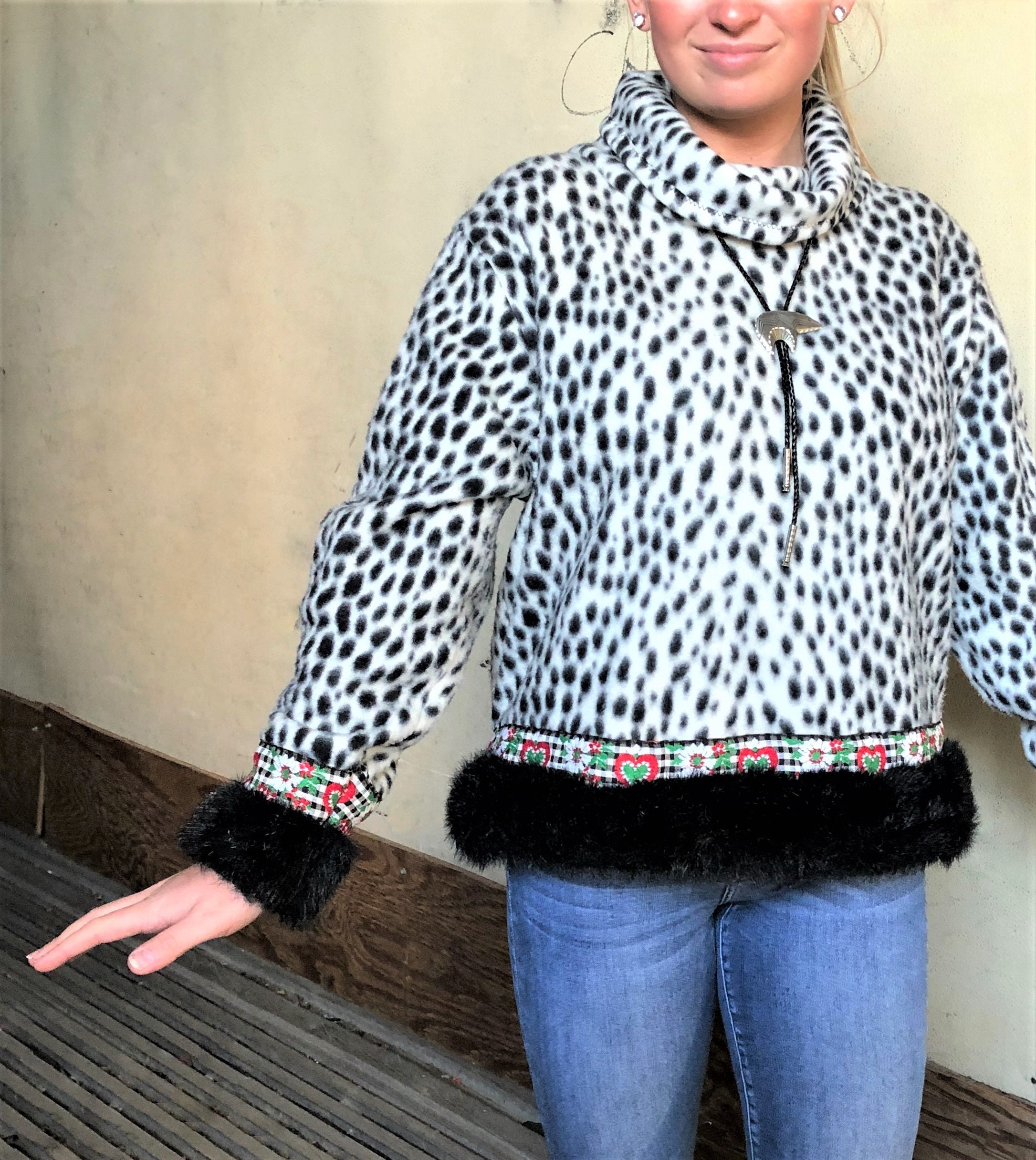 Vintage 1990's Fleece Turtleneck Polka Dot Pullover | Etsy