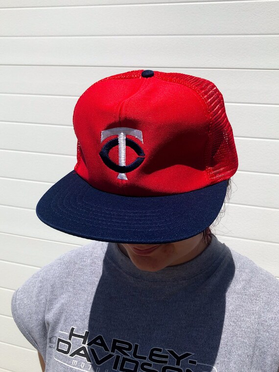 Vintage Red and Navy Minnesota Twins Embroidered Mesh Trucker Hat, Flat Brim Baseball Cap